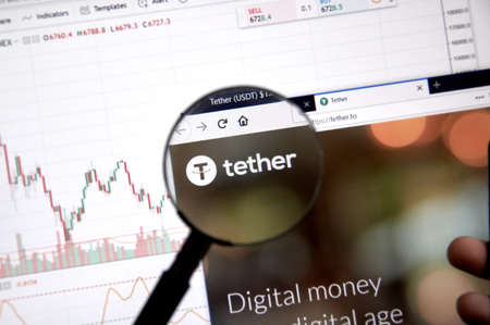 MONTREAL, CANADA - JUNE 20, 2018: Tether crypto currency home page. Cryptocurrency is a digital currency in which encryption techniques are used to generate and transfer funds. Site -tether.toのeditorial素材