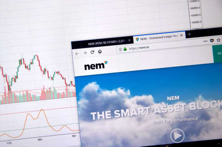 MONTREAL, CANADA - JUNE 20, 2018: Nem crypto currency home page. Cryptocurrency is a digital currency in which encryption techniques are used to generate and transfer funds. Site - nem.ioのeditorial素材