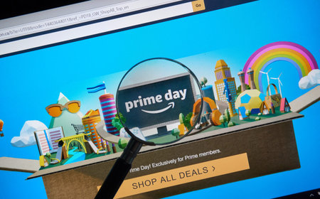 MONTREAL, CANADA - JULY 16, 2018 : Amazon prime day page on official amazon site under magnifying...