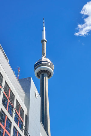 TORONTO, CANADA - JULY 15, 2018: Scenic view of CN Tower in Toronto, Ontario, Canada. CN Tower is...