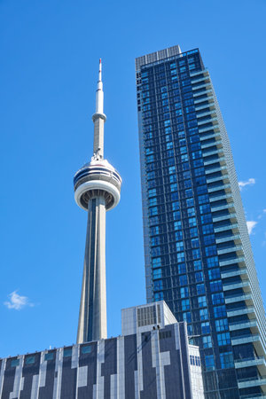 TORONTO, CANADA - JULY 15, 2018: Scenic view of CN Tower in Toronto, Ontario, Canada. CN Tower is the world's 9th tallest free-standing structure, and observation tower located in Downtown Toronto.のeditorial素材