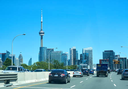 TORONTO, CANADA - JULY 15, 2018: Scenic view of CN Tower in Toronto, Ontario, Canada. CN Tower is the world's 9th tallest free-standing structure, and observation tower located in Downtown Toronto.のeditorial素材