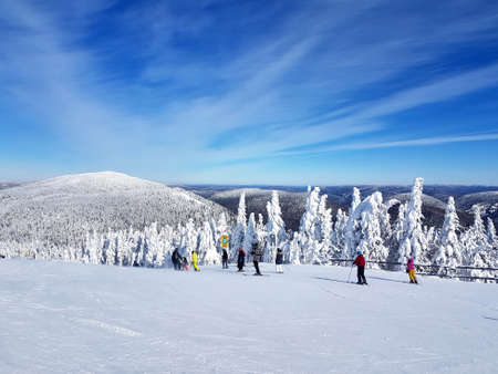 Scenic view of a ski resort Mont-Tremblant in Quebec, Canadaの写真素材