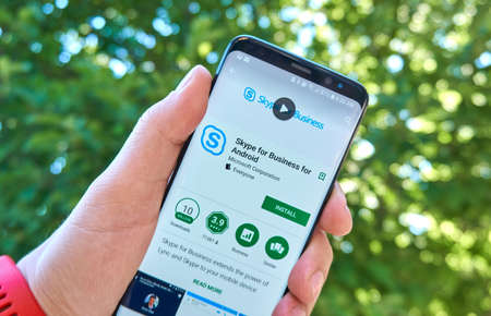 MONTREAL, CANADA - August 28, 2018: Microsoft Skype for Business for android app on Samsung s8 screen.のeditorial素材