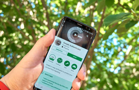 MONTREAL, CANADA - August 28, 2018: Google Authenticator android app on Samsung s8 screen.のeditorial素材