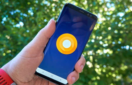 MONTREAL, CANADA - August 28, 2018: Android Oreo Samsung logo s8 screen in a hand.のeditorial素材