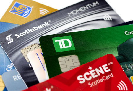 MONTREAL, CANADA - SEPTEMBER 21, 2018: Credit cards of different canadian banks. Scotiabank, RBC and...