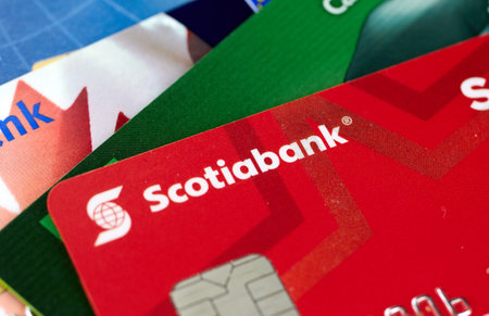MONTREAL, CANADA - SEPTEMBER 21, 2018: Scotiabank Credit Cards, close-up picture. The Bank of Nova...