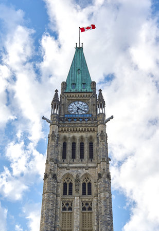 OTTAWA, CANADA - MAY 5, 2018: Parliament Hill buildings in Ottawa. Parliament Hill is an area of Crown land on the southern banks of the Ottawa River in downtown Ottawa, Ontarioのeditorial素材