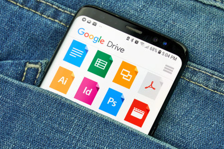 MONTREAL, CANADA - OCTOBER 4, 2018: Google Drive app on s8 screen. Google Drive is a cloud-based...