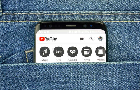 MONTREAL, CANADA - OCTOBER 4, 2018: Google Youtube app on s8 screen. Google is an American technology company which provides a variety of internet services.のeditorial素材