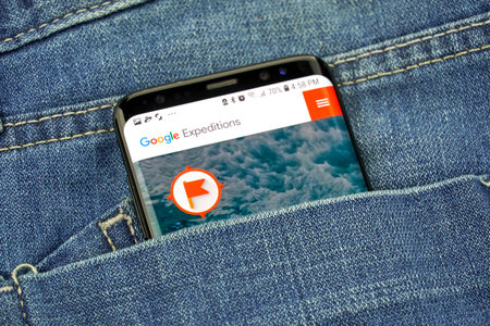 MONTREAL, CANADA - OCTOBER 4, 2018: Google Expeditions app on s8 screen. The app is VR tool that...