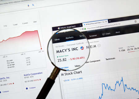 MONTREAL, CANADA - JANUARY 10, 2019: Marcys stock M ticker and chart on a screen under magnifying glass. Macy's is an American store chain founded in 1858 by Rowland Macyのeditorial素材