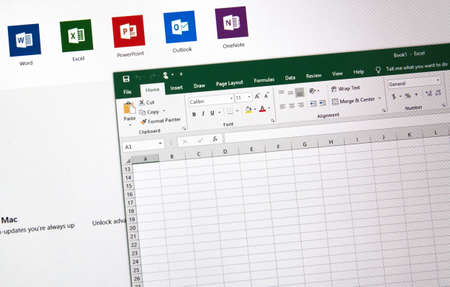 MONTREAL, CANADA - JANUARY 10, 2019: MIcrosoft Office 2019 Excel spreadsheet on a screen. Microsoft Office 2019 is the new version of Microsoft Office, a productivity suite, succeeding Office 2016のeditorial素材