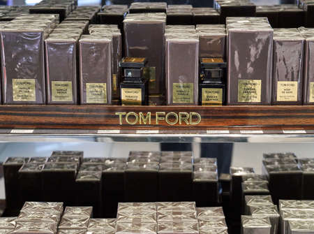 MONTREAL, CANADA - DECEMBER 8, 2018: Tom Ford perfumes stand in YUL Montreal airport. Thomas Carlyle Ford known as Tom Ford is an American fashion designer.のeditorial素材