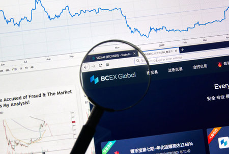 MONTREAL, CANADA - APRIL 26, 2019: BCEX Global cryptocurrency digital assets exchange logo and home...