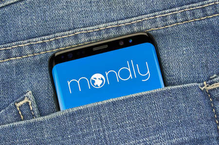 MONTREAL, CANADA - December 23, 2018: Mondly android app on Samsung s8 screen. Mondly is a Tech company that develops a freemium language learning platform and applicationsのeditorial素材