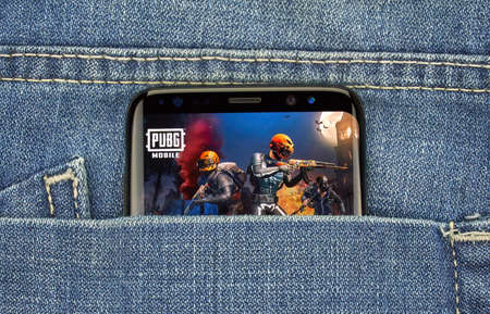 MONTREAL, CANADA - December 23, 2018: PUBG mobile android on Samsung s8 screen. PlayerUnknown's Battleground Mobile is the mobile version of the popular PC console battle royale-style shooter gameのeditorial素材