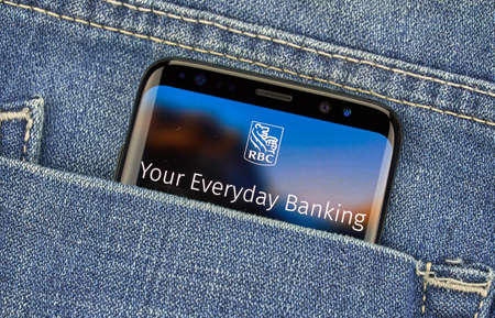 MONTREAL, CANADA - December 23, 2018: RBC android app on Samsung s8 screen. RBC Royal Bank is the leading provider of financial services and support to Canada's Knowledge-Based Industriesのeditorial素材