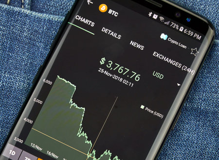 MONTREAL, CANADA - December 23, 2018: Bitcoin price drop and chart on Samsung s8 screen. Bitcoin is...
