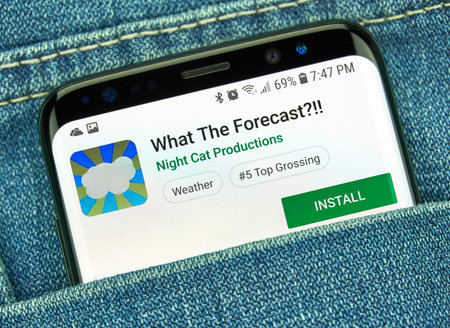 MONTREAL, CANADA - December 23, 2018: What the forecast. Wheather forecast android app on Samsung s8...