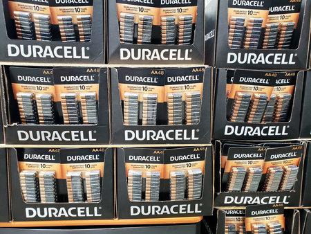 MONTREAL, CANADA - JUNE 20, 2019: Duracell packages stand in Costco warehouse. Duracell is american...
