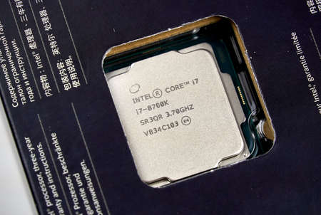 MONTREAL, CANADA - DECEMBER 8, 2018: Intel CPU central processor unit i7 8th generation in a box. Intel is an American multinational corporation and technology company headquartered in Californiaのeditorial素材