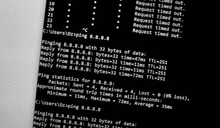 ping network test command on a screen, close up