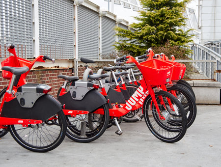 NEW YORK, USA - DECEMBER 14, 2018: Jump rental electric bikes in New York city. Jump is lectric...