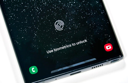 Montreal, Canada - March 14, 2020: Fingerprint scanner on Samsung Note 10 screen. Samsung Galaxy...