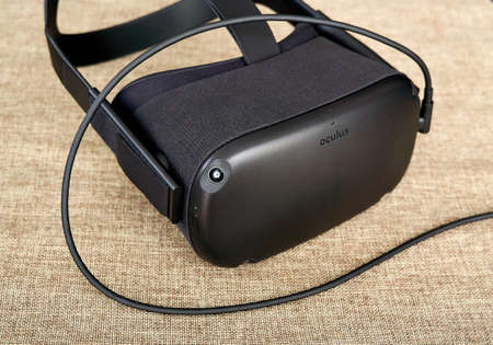 Montreal, Canada - December 23, 2019: Oculus Quest VR headset charging. The Oculus Quest is a first all in virtual reality wireless headset and system created by Oculus VR, division of Facebookのeditorial素材