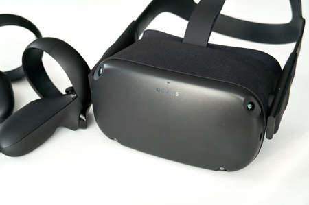 Montreal, Canada - December 23, 2019: Oculus Quest VR headset and controllers. The Oculus Quest is a first all in virtual reality wireless headset and system created by Oculus VR, division of Facebookのeditorial素材