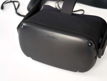 Montreal, Canada - December 23, 2019: Oculus Quest VR virtual reality headset over white background. The Oculus Quest is a virtual reality headset and system created by Oculus VR, division of Facebookのeditorial素材