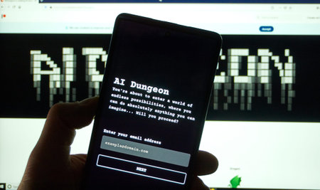 Montreal, Canada - March 08, 2020: AI Dungeon adventure text game on a cell phone over laptop...