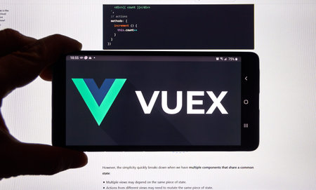 Montreal, Canada - March 08, 2020: Vuex logo on a screen of a cellphone. Vue.js is an open-source...