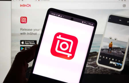 Montreal, Canada - March 08, 2020: Inshot application on Android cellphone screen. InShot is a free HD video editor, helps you export videos without losing quality.のeditorial素材