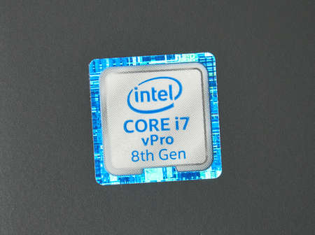 Montreal, Canada - March 17, 2020: Label of Intel mobile CPU central processor unit i7 8th generation. Intel is an American multinational corporation and technology company headquartered in Californiaのeditorial素材