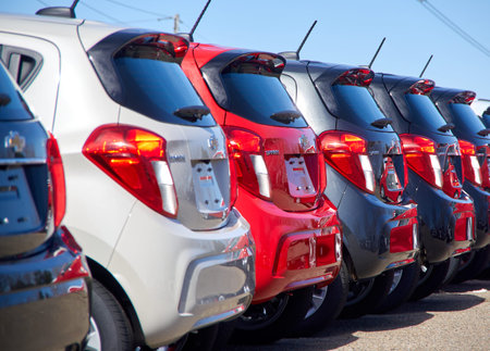 Montreal, Canada - April 4, 2020: Chevrolet Spark cars in a line. Chevrolet is one of the most popular and recognizable automotive brands in the US. Chevrolet is a division of General Motorsのeditorial素材