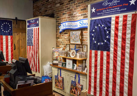 Philadelphia, USA - December 14, 2019: Betsy Ross Flag. The Betsy Ross House is a landmark in Philadelphia the place where flag-maker Betsy Ross lived when she sewed the first American Flagのeditorial素材