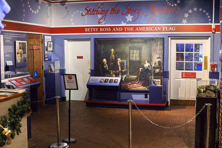 Philadelphia, USA - December 14, 2019: Betsy Ross Museum. The Betsy Ross House is a landmark in Philadelphia the place where flag-maker Betsy Ross lived when she sewed the first American Flagのeditorial素材
