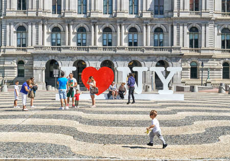 Albany, NY, USA - September 7, 2019: I love NY symbols in front of The New York State Capitol. The New York State Capitol, the seat of the New York State governmentのeditorial素材