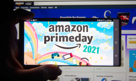 Montreal, Canada - June 17, 2021: Amazon prime day page on a phone screen over Amazon web site. Amazon Prime Day is the retailer's big members-only summer sale, which will be in June of 2021.のeditorial素材