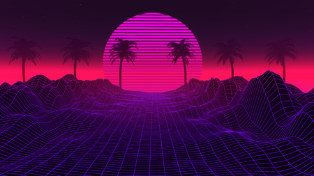 3D Background Illustration Inspired by 80's Scene, synthwave and retrowave music.の写真素材