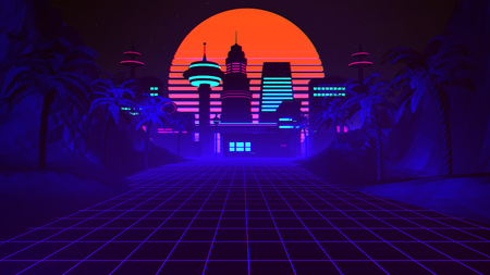 3D Background Illustration Inspired by 80's Scene, synthwave and retrowave music.の写真素材