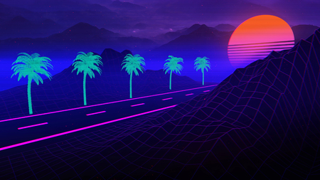 3D Background Illustration Inspired by 80's Scene, synthwave and retrowave music.の写真素材