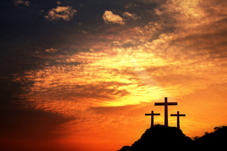 cross at sunset background.の写真素材