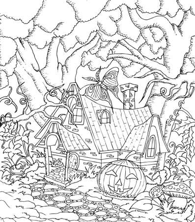 Black and white illustration of a fairy house with details for adult coloring bookのイラスト素材