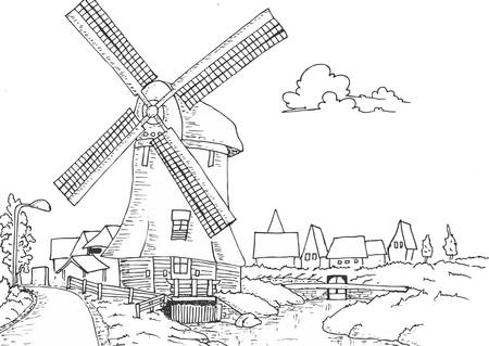 Windmill old retro vintage hand drawing illustrationのイラスト素材
