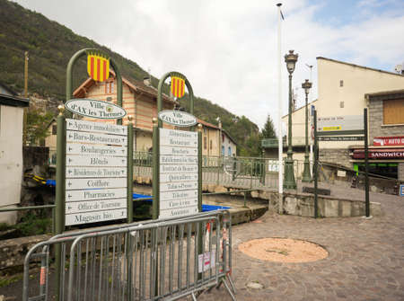 Ville d Ax-Les-Thermes city sign, this sign is Placed in the main street of the comunne.のeditorial素材
