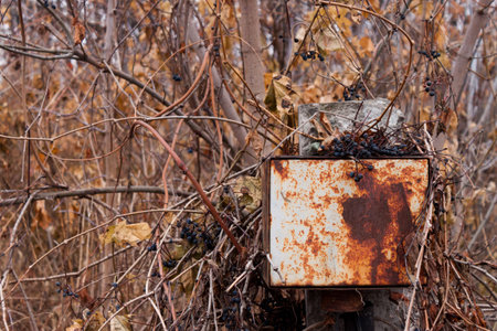 old rusty metal box in focus and branchの写真素材